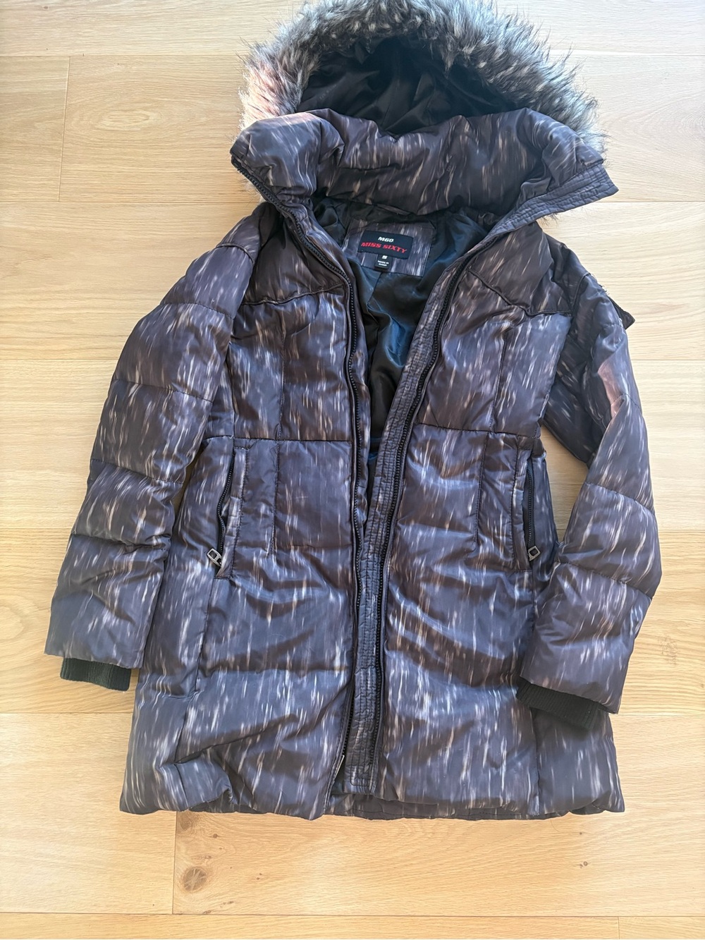 Miss Sixty Women’s Black Printed Puffer Coat w/ Detachable Faux Fur Hood, S, EUC